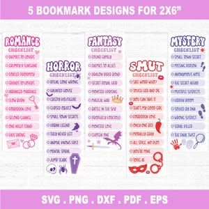 May include: Five bookmark designs, each 5.08 cm x 15.24 cm, with themed checklists. Themes include Romance, Fantasy, Horror, Smut, and Mystery. Each bookmark features a unique design with related icons and text, ideal for book readers.