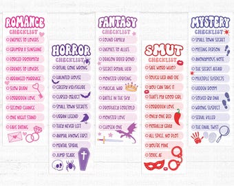 Puede incluir: Cinco diseños de marcapáginas de 5 x 15 cm, con listas de verificación temáticas. Los temas incluyen Romance, Fantasía, Terror, Smut y Misterio. Cada marcapáginas presenta un diseño único con iconos y texto.