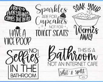 May include: A set of 20 bathroom designs featuring funny and quirky sayings. The designs include phrases like "Hope everything comes out okay", "Sparkles are for cupcakes, not for toilet seats", "Soak your worries away", "Have a nice poop", "Selfies in the bathroom", and "This is a bathroom, not an internet cafe".
