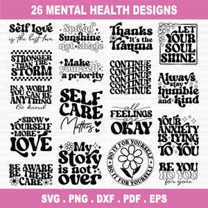 Pacote SVG de saúde mental, SVG inspirador, SVG motivacional, SVG positivo, conscientização sobre saúde mental, arquivos de corte para Cricut, Silhouette