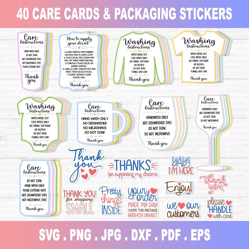 May include: A sheet of 40 care cards and packaging stickers. The stickers include care instructions, washing instructions, and thank you messages. The stickers are in various shapes, including a shirt, mug, and wine glass. The text includes "Thank you" and "Enjoy!"
