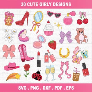 May include: A collection of 30 cute girly designs in a pink and white color scheme. The image includes illustrations of a high heel, mirror, sunglasses, perfume bottle, cherries, cupcake, bow, teddy bear, cowboy boot, lipstick, nail polish, and more. Text: 30 CUTE GIRLY DESIGNS.