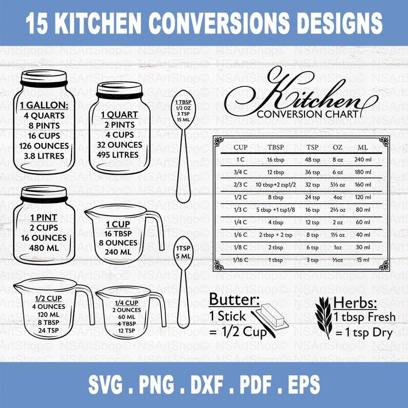 May include: Black and white line art kitchen conversion chart with measurements in cups, tablespoons, teaspoons, ounces, and milliliters. The chart includes conversions for butter and herbs.
