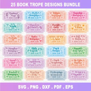 May include: A collection of 25 colourful ticket-style designs, each showcasing a different book trope. The designs include text such as "Masked Man," "MM Romance," and "Trigger Warnings," with "Book Club" and "Lifetime Membership" also present.
