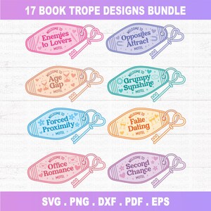 May include: A collection of 17 motel-style key fobs, each with a different book trope design. Key fobs include phrases such as "Enemies to Lovers" and "Fake Dating", with a heart-shaped key. The image also includes the text "SVG.PNG.DXF.PDF.EPS".