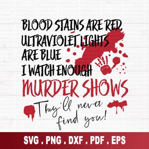 Programa de asesinatos svg, las manchas de sangre son rojas, las luces ultravioleta son azules, veo suficientes programas de asesinatos, nunca te encontrarán svg, crimen png