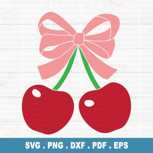 May include: Two red cherries with green stalks and a pink bow tied around the stalks.