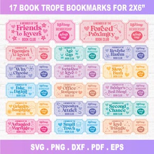 Op de afbeelding: Een verzameling van 17 kleurrijke boekenlegger-tropen, elk 5,08 cm x 15,24 cm. De boekenleggers tonen verschillende romantische thema's zoals "Friends to Lovers" en "Forced Proximity". Elke boekenlegger bevat de tekst "Lifetime Membership" en "Admit One".