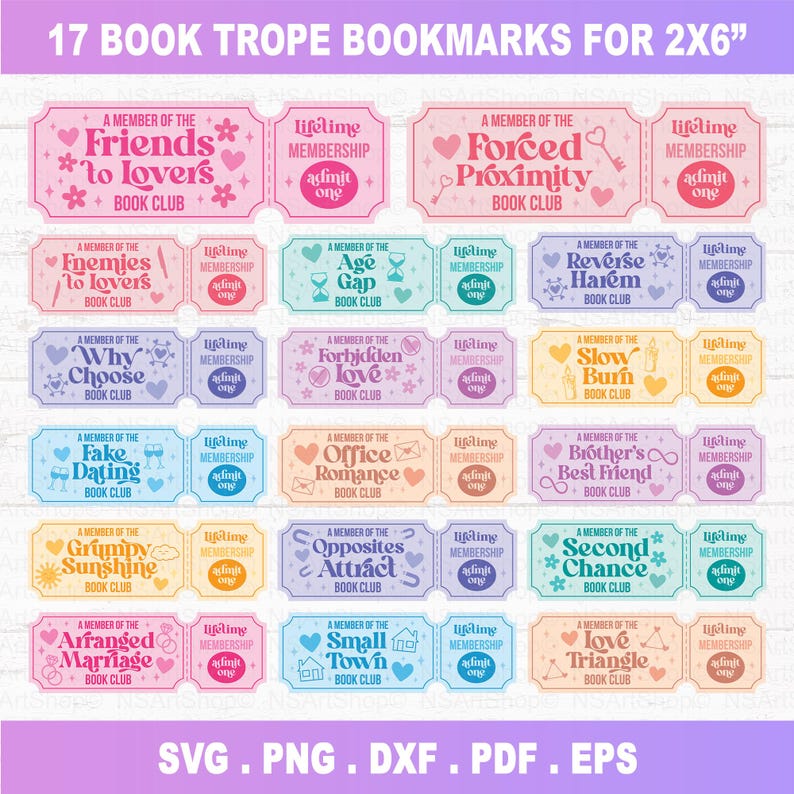 Op de afbeelding: Een verzameling van 17 kleurrijke boekenlegger-tropen, elk 5,08 cm x 15,24 cm. De boekenleggers tonen verschillende romantische thema's zoals "Friends to Lovers" en "Forced Proximity". Elke boekenlegger bevat de tekst "Lifetime Membership" en "Admit One".