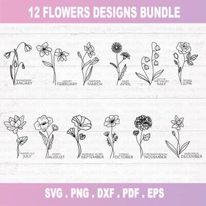 Naissance mois fleurs SVG, anniversaire fleurs SVG, svg botanique, floral svg, svg de lot de fleurs, svg de fleurs sauvages, fleurs dessinées à la main