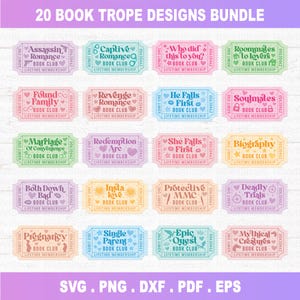 May include: A collection of 20 colourful ticket designs, each representing a book trope such as "Assassin Romance" and "Revenge Romance." The tickets display "BOOK CLUB" and "LIFETIME MEMBERSHIP" text. The image also includes file type information.