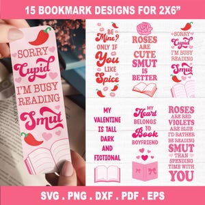 Valentines Bookmark SVG PNG Bundle: Spicy Smutty Valentines Day Bookish Designs, printable template, books