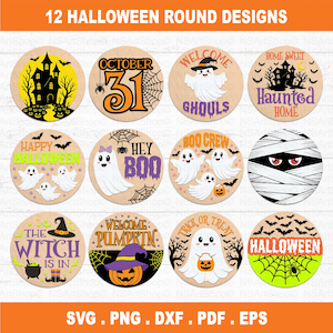 Halloween Sign SVG Bundle: Spooky, Round Door Hanger, Witch, Ghosts, and Pumpkins - Digital Download