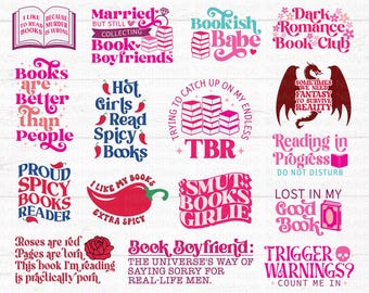 May include: A collection of 25 digital graphic designs featuring book-themed typography and illustrations. The pink, red, and blue text includes phrases like Bookish Babe, Dark Romance Book Club, and Proud Spicy Books Reader with icons.