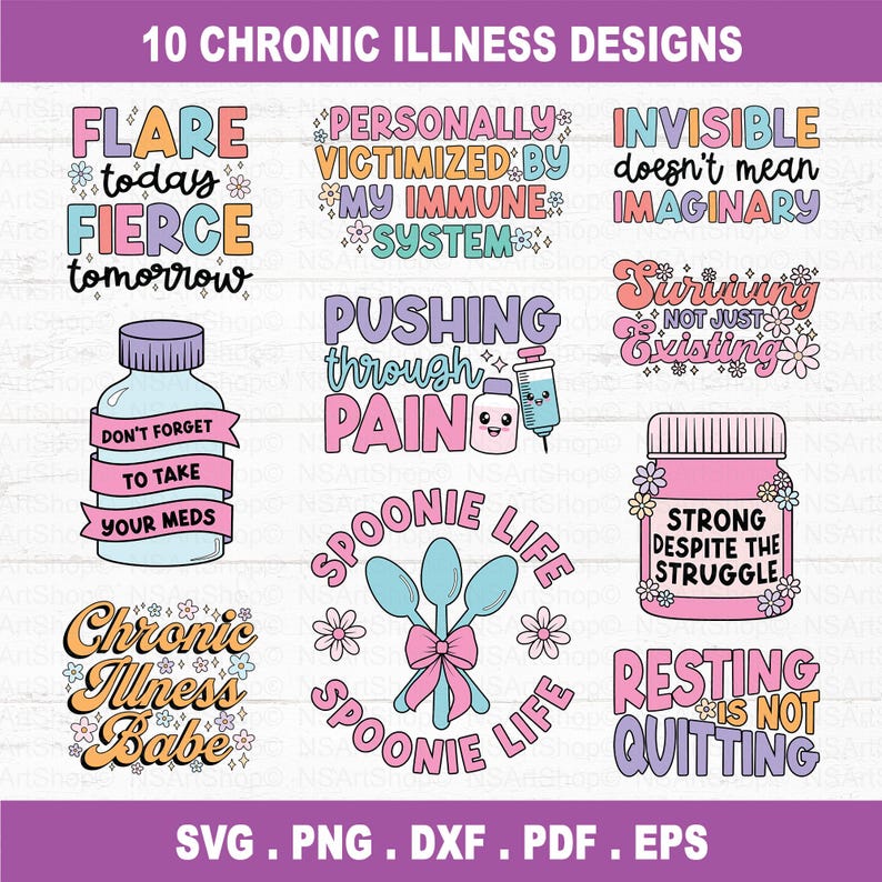 Peut inclure: Dix designs num&eacute;riques color&eacute;s pour la sensibilisation aux maladies chroniques. Les designs pr&eacute;sentent des phrases comme "Flare aujourd'hui, Fierce demain", "Pousser &agrave; travers la douleur", "Spoonie Life", "Fort malgr&eacute; la lutte", et "Se reposer n'est pas abandonner".
