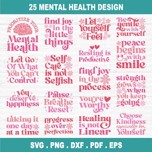 Bundle SVG santé mentale, lot de svg soins personnels, source d'inspiration svg, SVG positif, motivation SVG, sensibilisation à la santé mentale, fichier de coupe Cricut