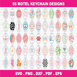 May include: Fifty-five colorful motel keychain designs featuring various patterns, graphics, and text. The designs include a variety of themes, such as coffee, plants, animals, and motivational quotes.