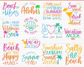 May include: 20 summer-themed designs in a bundle. The designs feature colorful text and graphics with phrases like "Beach Vibes", "Aloha", "Vitamin Sea", "Vacay Mode", "Sunshine Sunburn Sunset Repeat", and "Salty Lil Beach".