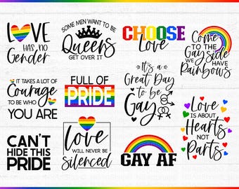 Può includere: Un pacchetto di 15 design Pride con varie grafiche testuali. I design includono frasi come "L'amore non ha genere" e "Scegli l'amore", insieme a simboli arcobaleno e cuore. L'immagine elenca anche i formati di file: SVG, PNG, DXF, PDF ed EPS.