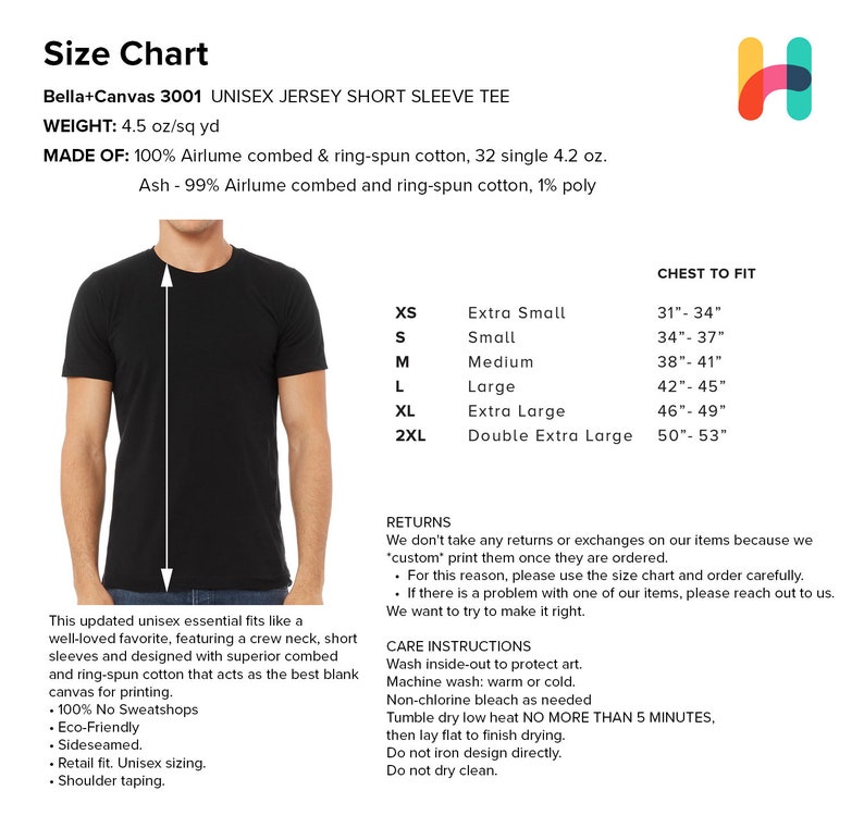 K&ouml;nnte beinhalten: Gr&ouml;&szlig;entabelle f&uuml;r ein schwarzes Bella+Canvas 3001 Unisex-T-Shirt aus Jersey mit kurzen &Auml;rmeln. Die Tabelle zeigt die Brustma&szlig;e f&uuml;r jede Gr&ouml;&szlig;e: XS, S, M, L, XL und 2XL. Der Stoff besteht aus 100 % Airlume-gek&auml;mmter und ringgesponnener Baumwolle, 32 Single 4,2 oz. Asche besteht aus 99 % Airlume-gek&auml;mmter und ringgesponnener Baumwolle und 1 % Polyester. Die Tabelle enth&auml;lt auch Pflegehinweise und Informationen zur R&uuml;ckgabepolitik.