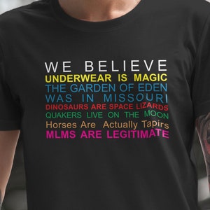 May include: Black t-shirt with a rainbow colored text design that reads "We Believe Underwear is Magic, The Garden of Eden Was in Missouri, Dinosaurs are Space Lizards, Quakers Live on the Moon, Horses are Actually Tapirs, MLMs are Legitimate."