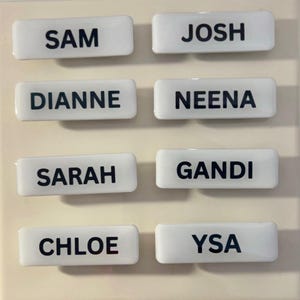 May include: Eight white rectangular name tags with black text. The names include Sam, Josh, Dianne, Neena, Sarah, Gandi, Chloe, and Ysa. The tags are arranged in two columns of four.