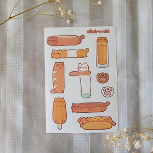 longue feuille d'autocollants mats pour aliments pour chats | Mignon chaton churro mozzarella bâton baguette thé thaï hot-dog corndog beignet imperméable résistant aux intempéries