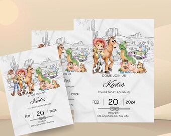 Puede incluir: Una invitación blanca con una ilustración en blanco y negro de personajes de la película Toy Story. La invitación es para una fiesta de cumpleaños número 5 para Kades. El texto de la invitación dice "Come Join Us Kades 5th Birthday Roundup! Feb 20 2024 02:00 pm 123 Anywhere St., Any City"
