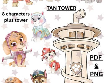 May include: Watercolor illustration featuring eight cartoon dog characters in various outfits, plus a tan tower. The image includes the text "8 characters plus tower", "TAN TOWER", and "PDF & PNG". The characters are in shades of brown, pink, blue, and green.