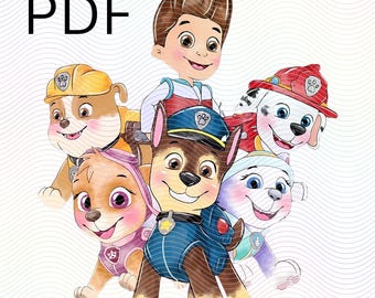 May include: A digital illustration featuring characters from the Paw Patrol series. The image includes Ryder and several of the Paw Patrol pups, with the word "PDF" in the upper left corner. The pups are wearing their signature uniforms.