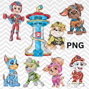 Peut inclure: Plusieurs illustrations de dessins animés mettant en vedette des personnages de la série Pat' Patrouille. L'image comprend une tour, un garçon en costume rouge et bleu et plusieurs chiens en uniformes. Le mot "PNG" est visible dans l'image.