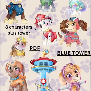 Op de afbeelding: Waterverfillustraties van acht cartoonhondenpersonages en een blauwe toren. De personages dragen verschillende outfits, waaronder politie-, brandweer- en pilotenkleding. Tekst op de afbeelding luidt "8 characters plus tower", "PDF" en "BLUE TOWER".