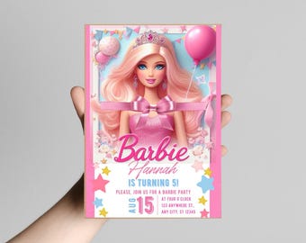 ピンクドールの誕生日招待状：華やかなパーティーテンプレート（デジタルダウンロード）