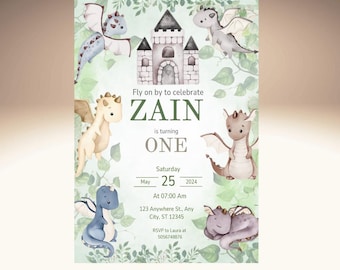 May include: A green and blue invitation with a watercolor illustration of a castle and dragons. The text reads "Fly on by to celebrate ZAIN is turning ONE Saturday May 25 2024 At 07:00 Am 123 Anywhere St., Any City, ST 12345 RSVP to Laura at 5056748876".