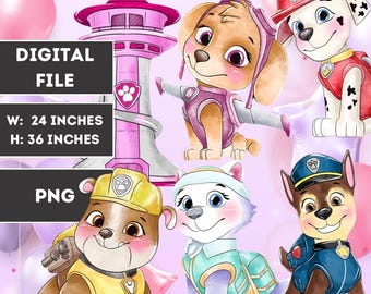 May include: Digital PNG file featuring illustrations of Paw Patrol characters, including Skye, Marshall, and Chase, with a pink and white tower. The image dimensions are 24 inches wide and 36 inches high.