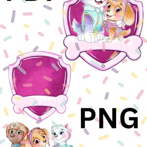 Könnte beinhalten: Digitale Datei mit Cartoon-Bildern von Hunden in rosa und türkisfarbenen Outfits, vor einem weißen Hintergrund mit bunten Konfetti. Die Wörter "PDF" und "PNG" werden in schwarzem Text angezeigt.