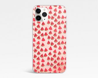 Custodia trasparente per telefono con graziose piccole angurie su sfondo rosa chiaro / adatta per iPhone 12 13 Pro Max Mini e Samsung S21 Plus Ultra