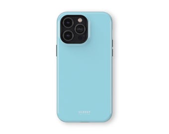 May include: A light blue phone case with a raised camera bump and the word "CLASSY" printed on the back.