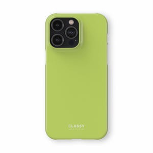 May include: A bright green phone case with a raised camera bump and the word "CLASSY" printed on the back.