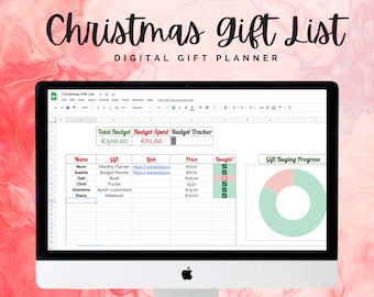 May include: A computer monitor displaying a digital Christmas Gift List spreadsheet. The interface includes columns for names, gifts, links, prices, and a bought status checkbox. A pie chart titled Gift Buying Progress is visible on the right side.