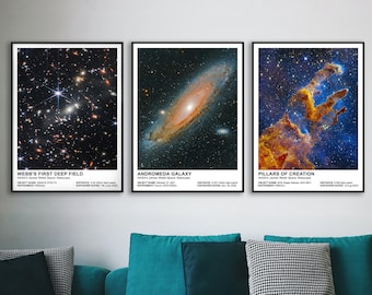 Set med 3 posters, James Webb rymdteleskopets första bilder, skapelsens pelare, Andromeda, tryckt väggkonst
