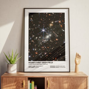 May include: A black and white poster featuring a photograph of a galaxy in space. The poster has the text "WEBB'S FIRST DEEP FIELD" and "NASA's James Webb Space Telescope". The poster also includes the text "OBJECT NAME: SMACS 0723-73", "INSTRUMENT: NIRCam", "DISTANCE: 4.24 billion light-years", and "EXPOSURE DATES: 7th June 2022".
