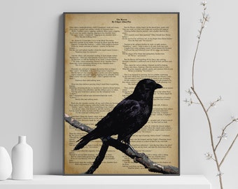 Raven Edgar Allan Poe Poster, Perched Crow, Crow Art, Raven, Traditional Gothic, Nature, Dictionary Print, Book Page Art, Gifts