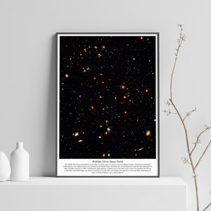 May include: A black and white image of the Hubble Ultra Deep Field, a small region of space in the constellation Fornax, containing an estimated 10,000 galaxies. The image was created by combining data from the Hubble Space Telescope taken over a period of 11.3 days between September 24, 2003, through to January 16, 2004. Looking back approximately 13 billion years, it has been used to search for galaxies that existed at that time. The HUDF image takes in a section of the sky with low density of bright stars in the near field, showing much better viewing of distant, more dimmer objects.