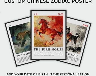 Personalised Chinese Zodiac Poster – Fire Horse Print, Custom Astrology Gift, Element Animal Sign Wall Art, Chinese Decor, Dragon Artwork