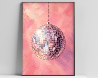 Pink Disco Ball Print, Retro Mirror Ball Wall Art, Blush and Lilac Poster, Funky Music Decor, Glam Bedroom Art, Disco Lover Gift