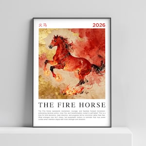 Op de afbeelding: Een ingelijste kunstdruk met een illustratie van een vurige rode paard. Het paard wordt afgebeeld met vlammen en rook, tegen een gouden en beige achtergrond. De tekst "THE FIRE HORSE" en het jaar "2026" zijn te zien.