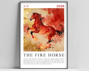 Pôster do Ano do Cavalo de Fogo 2026 | Arte de Parede do Cavalo do Zodíaco Chinês | Impressão do Ano Novo Lunar | Arte Simbólica Asiática