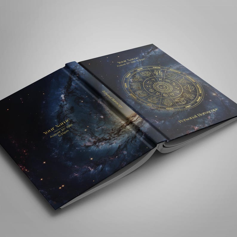 May include: A hardcover book with a dark blue galaxy-themed cover featuring a gold zodiac wheel, the text "Personal Horoscope," and customizable placeholders "Your Name" and "August 31st 1981, 5:51pm" printed in elegant gold lettering.