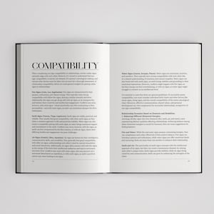 May include: An open book displaying two pages of text under the heading COMPATIBILITY. The content discusses astrological sun sign compatibility, detailing fire, earth, air, and water signs, along with relationship dynamics based on elements.